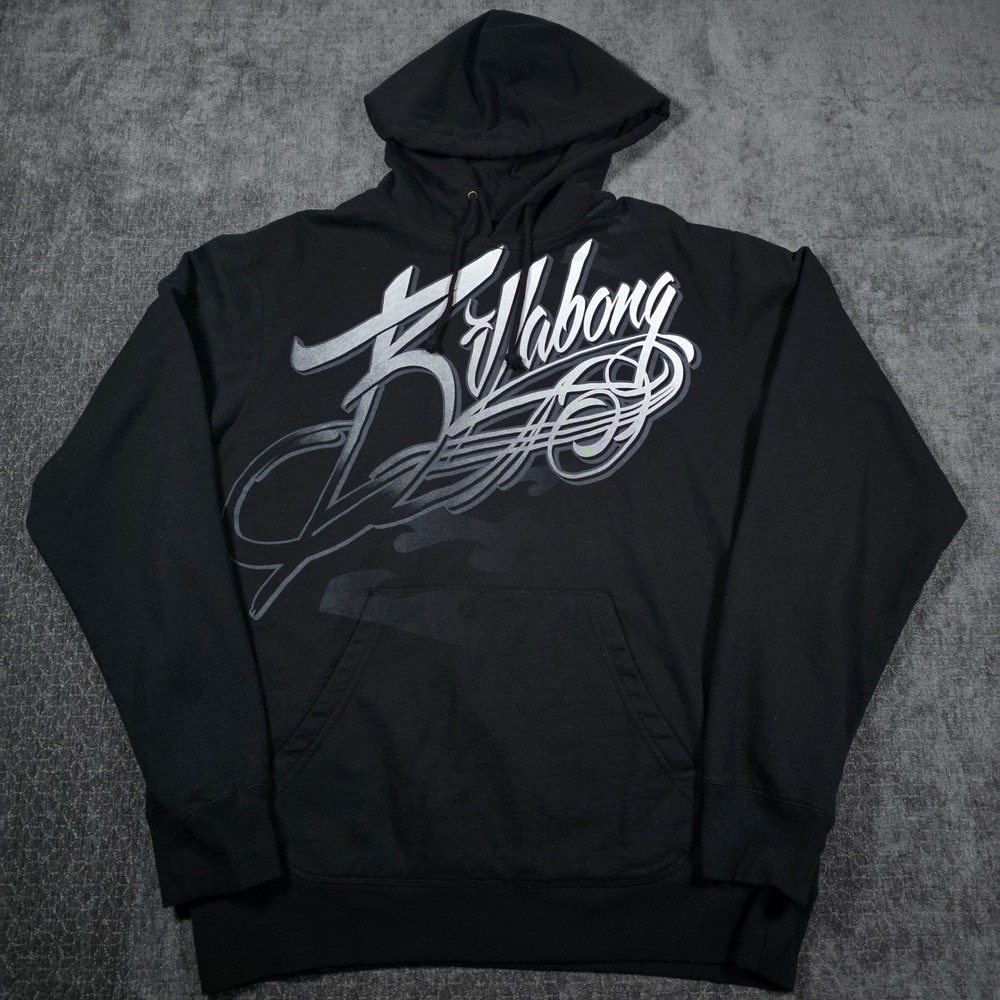 Billabong Mens XL Black Pullover Hoodie Stylized Script Logo Graphic Sweatshirt